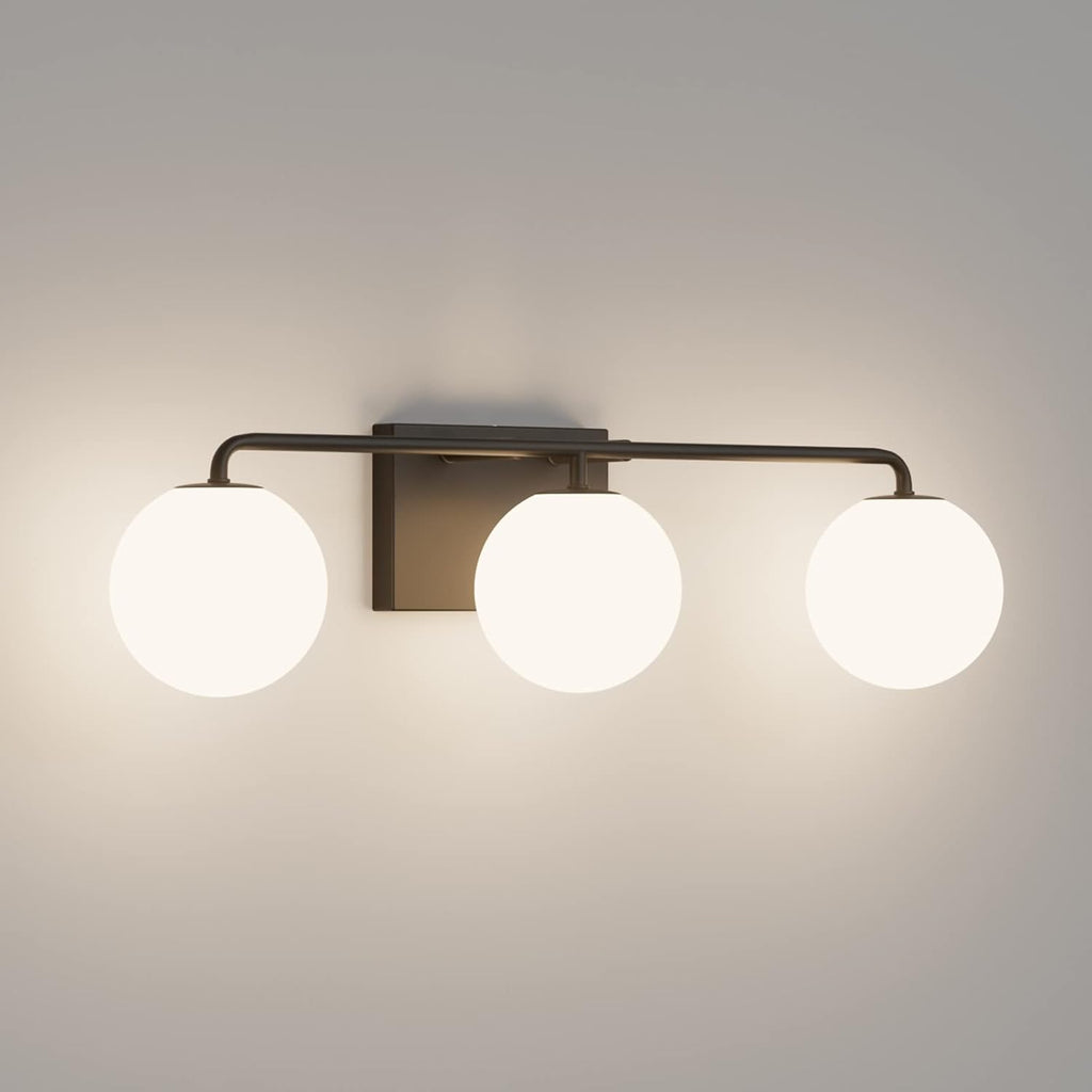 Tipace Mid Century Modern Bathroom Vanity Lights Fixtures 3-Light Black Milk White Globe Glass Industrial Vanity Lighting Over Mirror (Exclude Bulb)