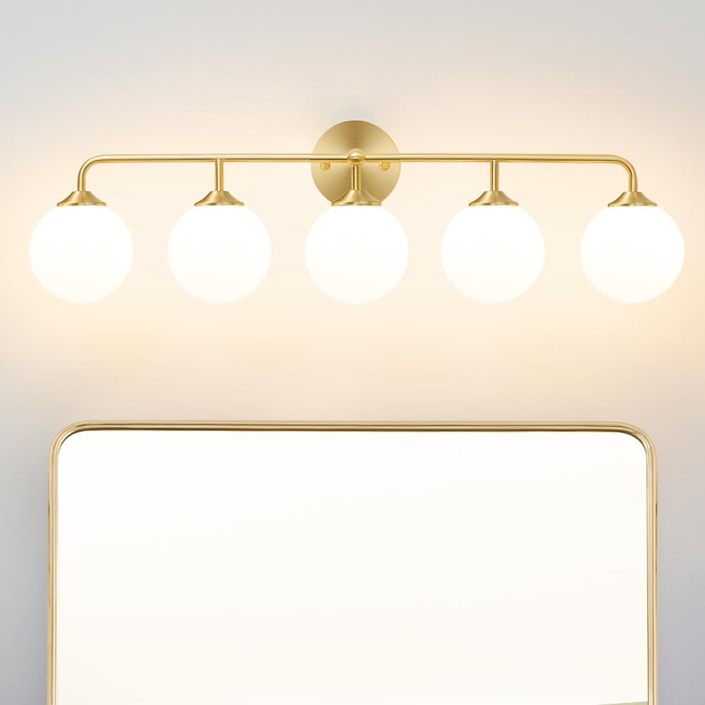Modern Brushed Gold 3-Lights Vanity Light Fixtures with Milky White Glass Ball Shades, Mid Century Brass Wall Sconce Lighting Fixtures over Mirror, Wall Sconces for Bathroom Dressing Table Bedroom