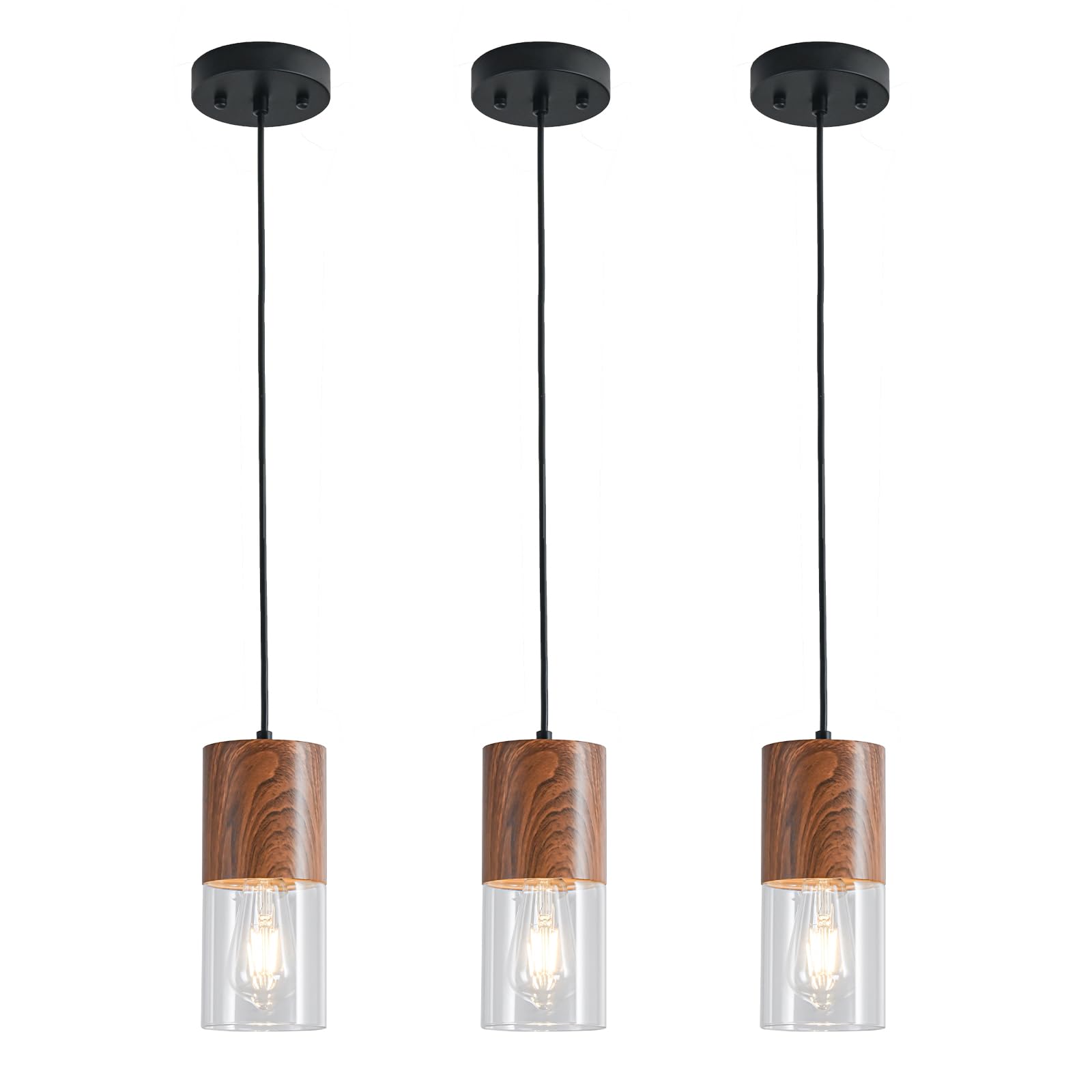 3-Pack Black Pendant Light Fixtures, Adjustable Modern Pendant Lights for Kitchen Island, Industrial Glass Pendant Lights for Dining Table Hallway Bedroom Living Room