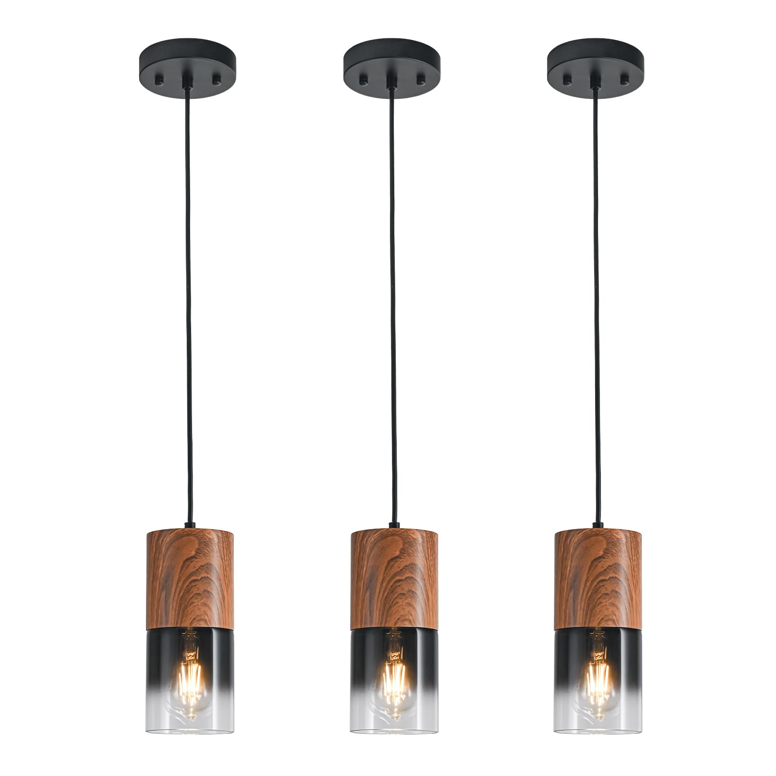 3-Pack Black Pendant Light Fixtures, Adjustable Modern Pendant Lights for Kitchen Island, Industrial Glass Pendant Lights for Dining Table Hallway Bedroom Living Room