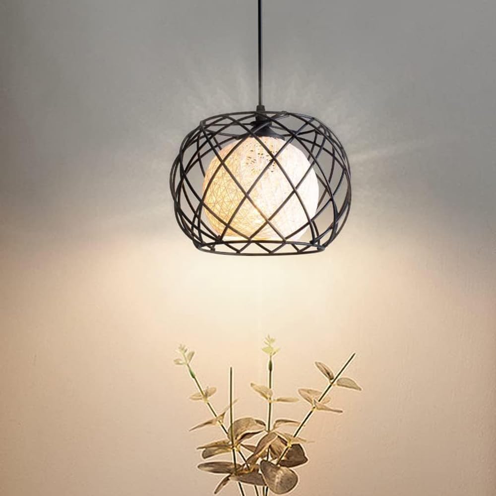 Modern Drum Pendant Light with Black Metal Cage & Cream Fabric Shade, Industrial Farmhouse Hanging Light Fixture for Kitchen Island, Dining Room, Living Room, Hallway