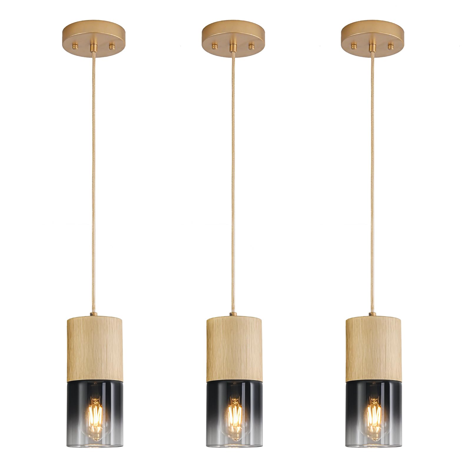 3-Pack Black Pendant Light Fixtures, Adjustable Modern Pendant Lights for Kitchen Island, Industrial Glass Pendant Lights for Dining Table Hallway Bedroom Living Room
