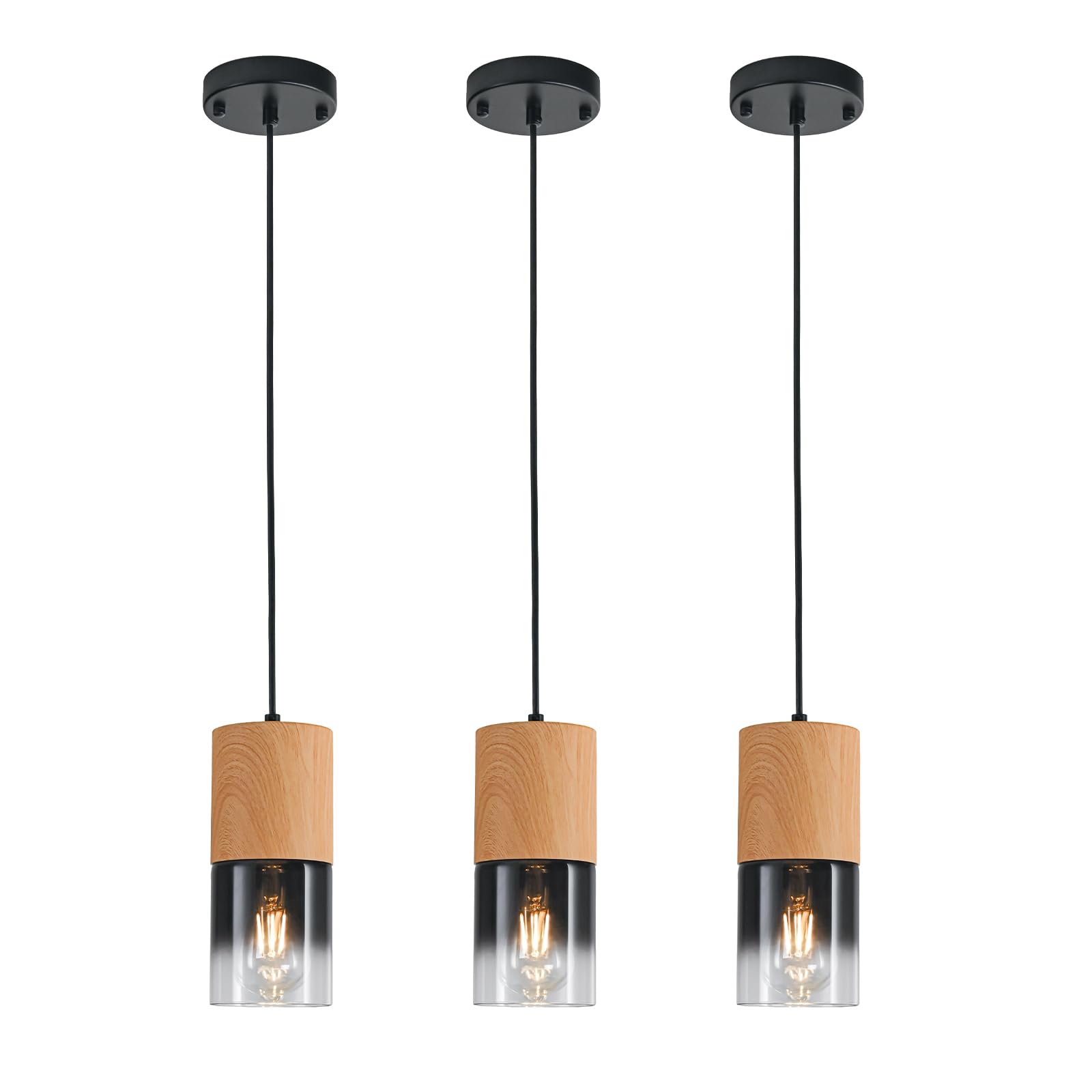 3-Pack Black Pendant Light Fixtures, Adjustable Modern Pendant Lights for Kitchen Island, Industrial Glass Pendant Lights for Dining Table Hallway Bedroom Living Room