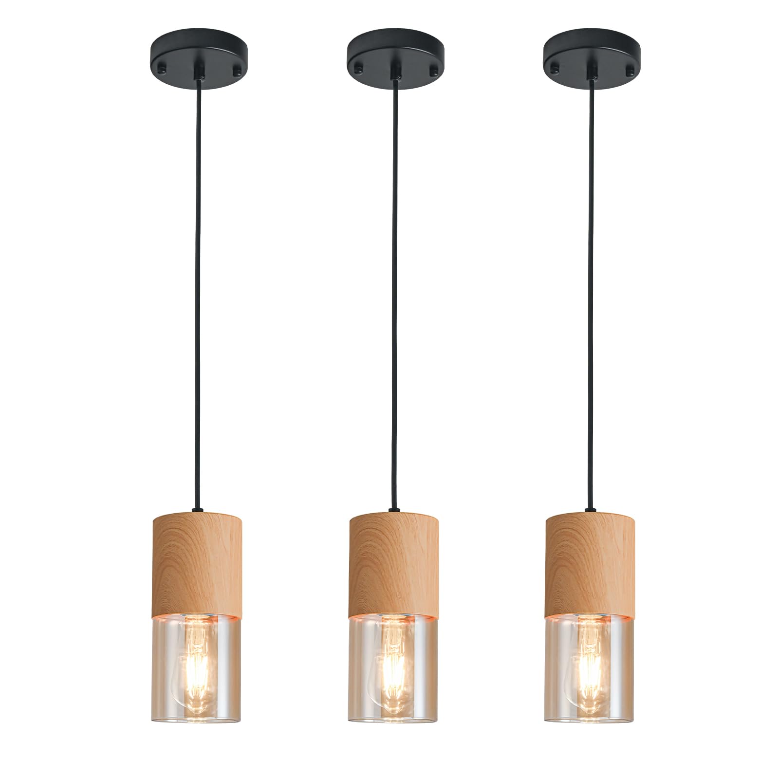 3-Pack Black Pendant Light Fixtures, Adjustable Modern Pendant Lights for Kitchen Island, Industrial Glass Pendant Lights for Dining Table Hallway Bedroom Living Room