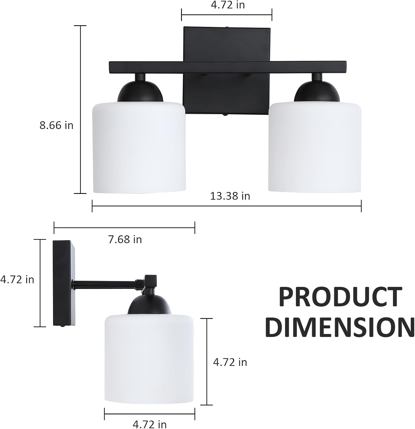 Matte Black 2-Light Bathroom Vanity Light, Glass Shade Wall Sconce