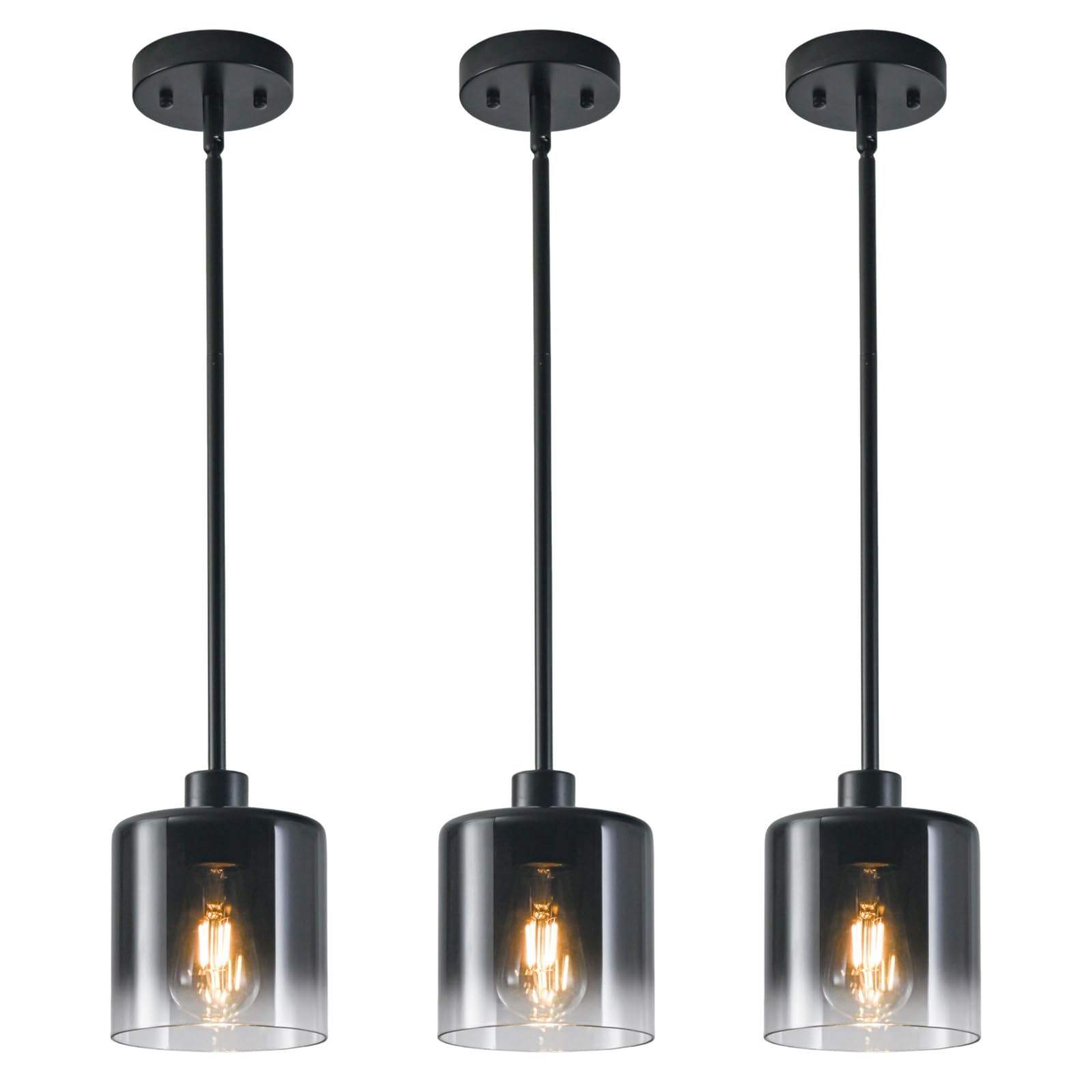 3-Pack Black Pendant Light Fixtures, Adjustable Modern Pendant Lights for Kitchen Island, Industrial Glass Pendant Lights for Dining Table Hallway Bedroom Living Room