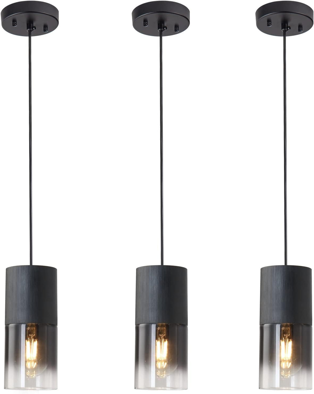 3-Pack Black Pendant Light Fixtures, Adjustable Modern Pendant Lights for Kitchen Island, Industrial Glass Pendant Lights for Dining Table Hallway Bedroom Living Room