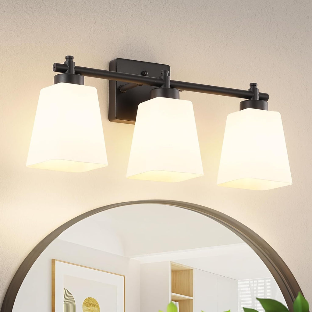 3-Light Bathroom Light Fixtures, 20" Black Modern Vanity Lights with Glass Shade, Bathroom Wall Lamp for Mirror Kitchen Living Room Hallway Porch (Matte Black, 3-Light)