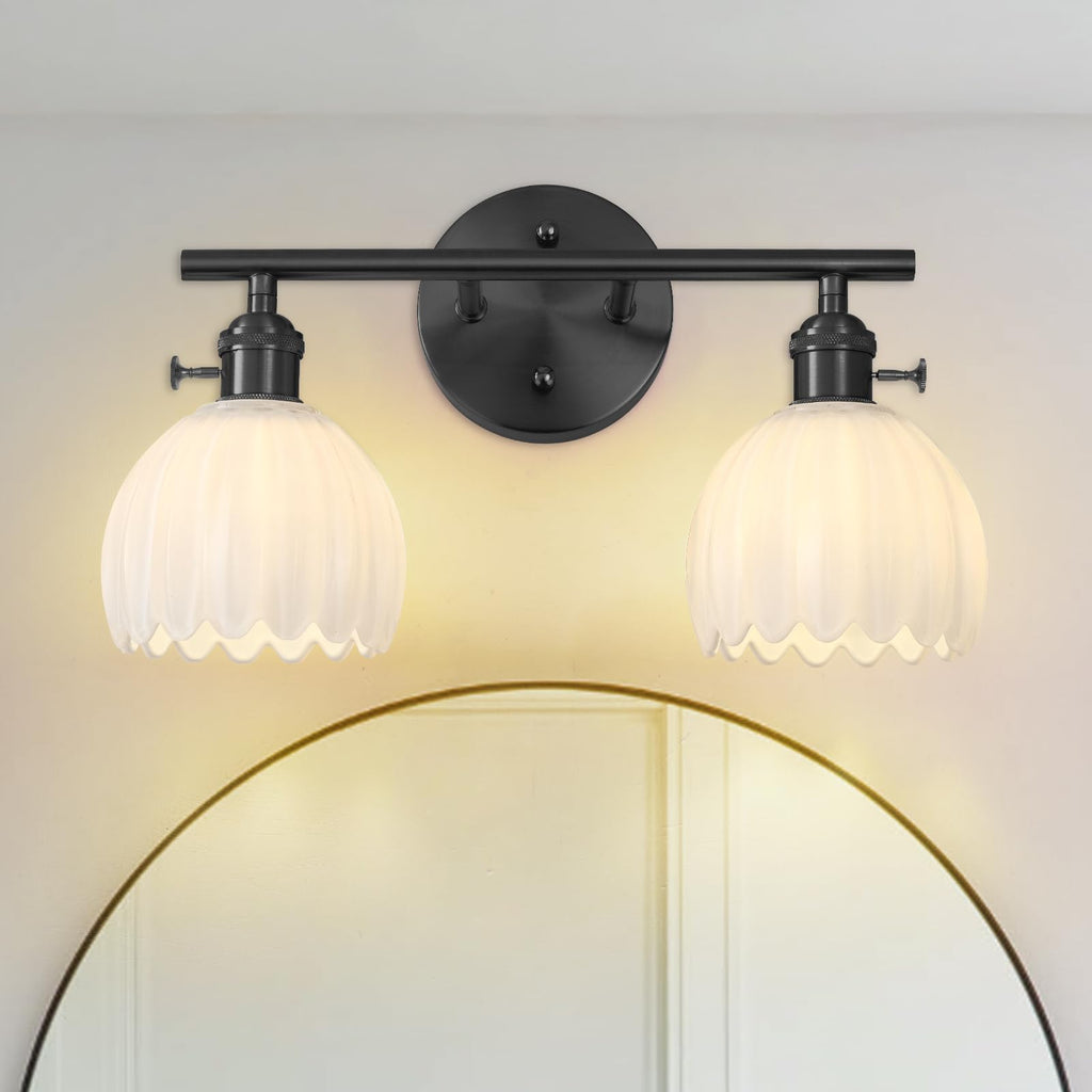 Matte Black 2 Light Bathroom Vanity Light,14.9in Modern Bathroom Lighting Fixtures Over Mirror with Clear Crystal Glass Shade,Vintage Vanity Lights for Bathroom Living Room Bedroom（not include bulbs)
