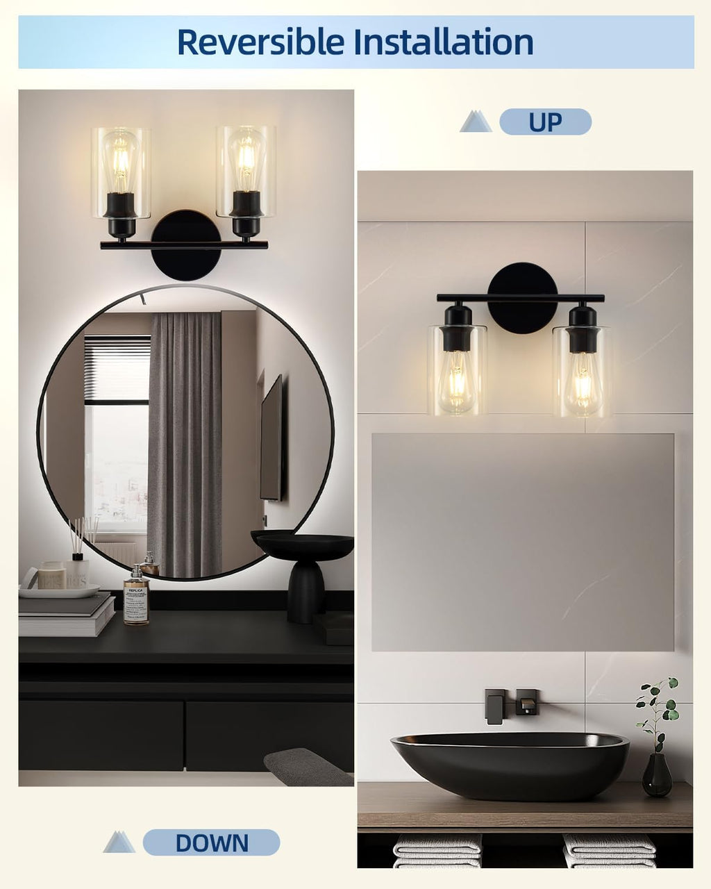 Modern Vanity Lights - Matte Black, Clear Glass Shade, Wall Sconce for Bathroom & Bedroom, 2 Pack