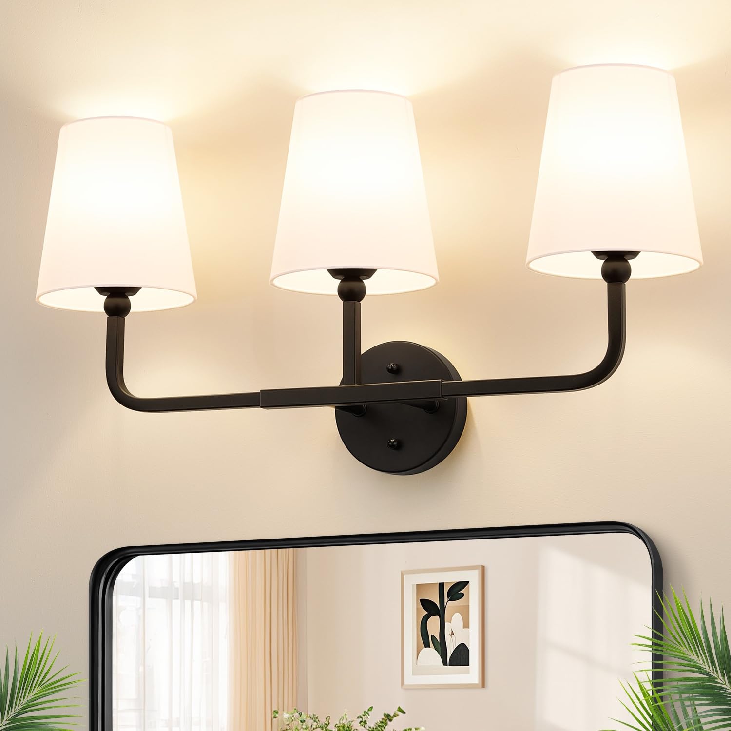 MOKATNG Bathroom Light Fixtures, 3-Light Brushed Gold Vanity Lights, Bathroom Lighting Fixtures Over Mirror with Flared White Fabric Shade, Modern Wall Sconces for Living Room Hallway