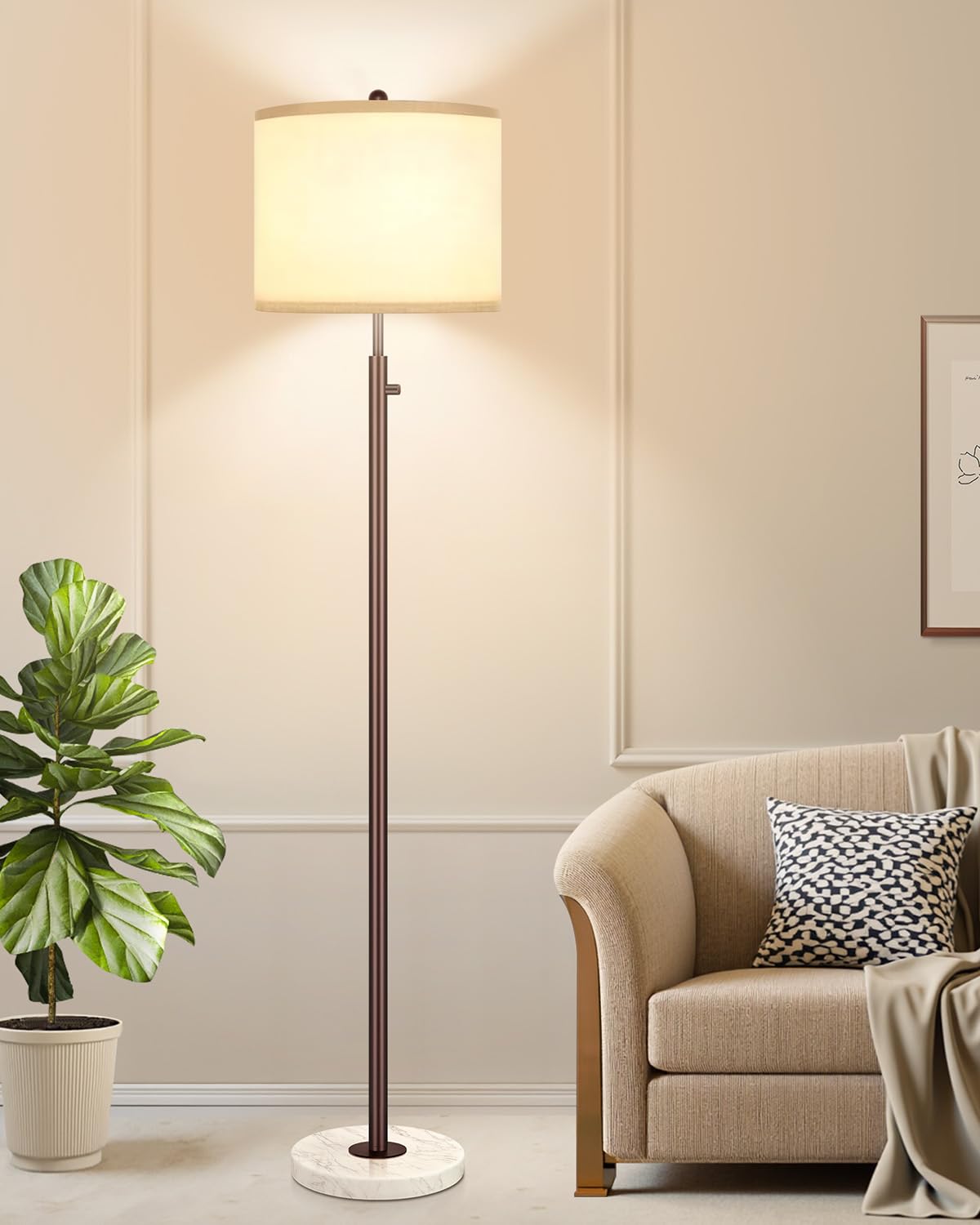 Nintiue 【Upgraded】 Dimmable Floor Lamp for Living Room, 11W LED Bulb Included, Modern Standing Lamp, Tall Pole Light with Linen Shade for Bedroom Reading Office Corner Nursery-Gold