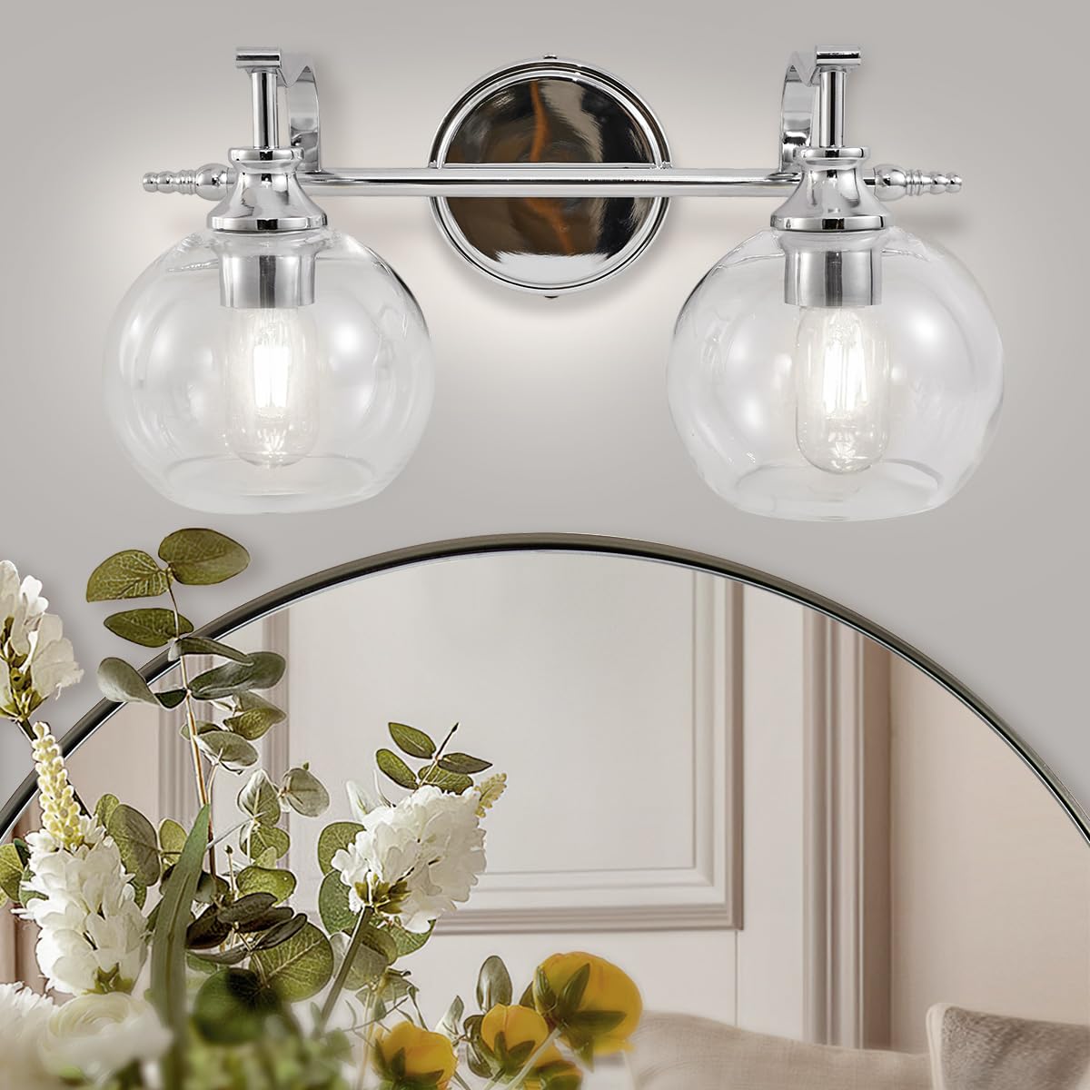 ANDY STAR 2 Light Bathroom Vanity Light, Matte Black Bathroom Light Fixtures, Modern Wall Sconce with Clear Globe Glass Shade, Farmhouse Wall Lamp for Bathroom, Living Room, Hallway, Cabinet, Porch
