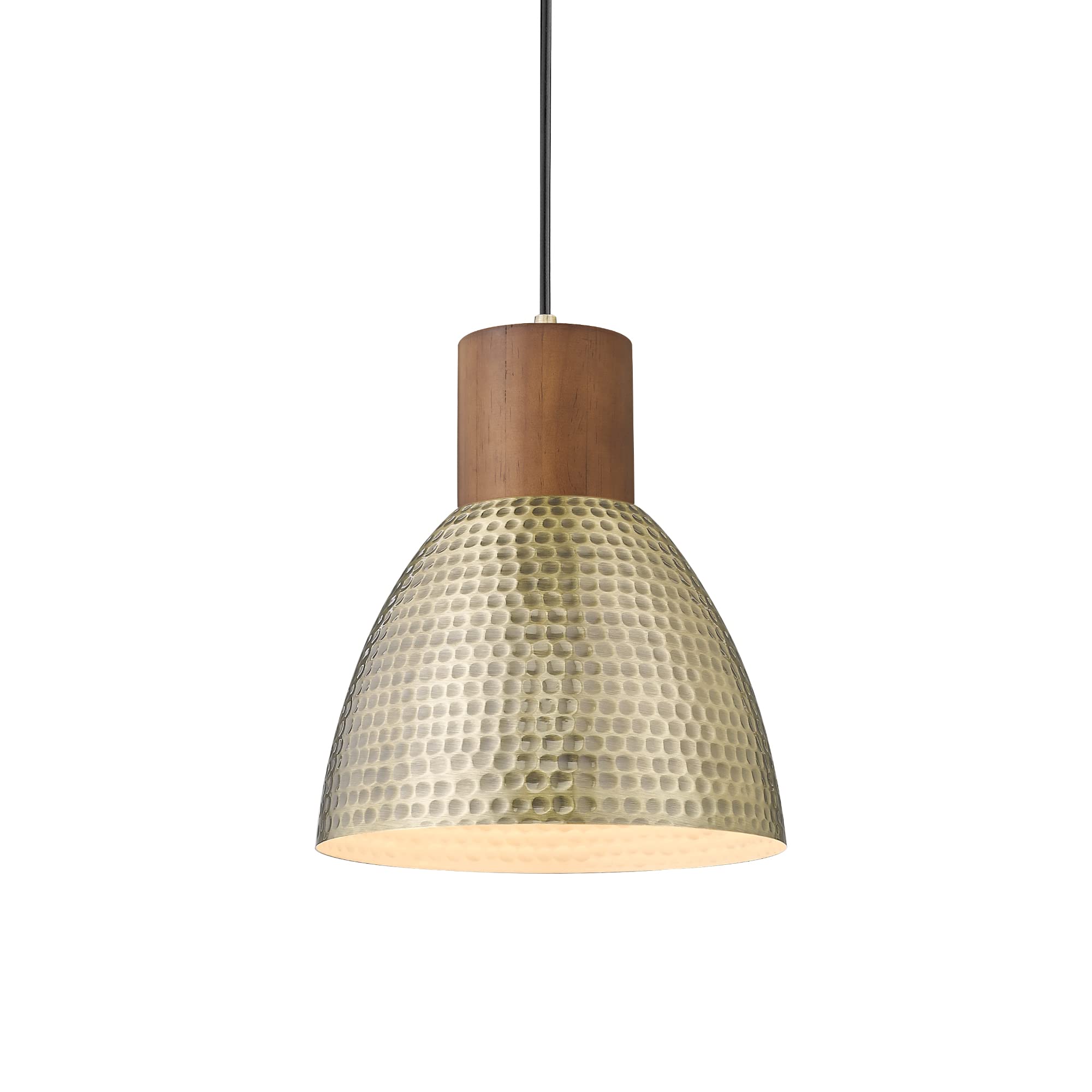 ELYONA Vintage Hammered Pendant Light Fixture, 7” Small Brushed Brass Metal Hanging Light Solid Wood Antique Gold Pendant Lamp for Kitchen Island, Farmhouse, Dining Room, Adjustable Height