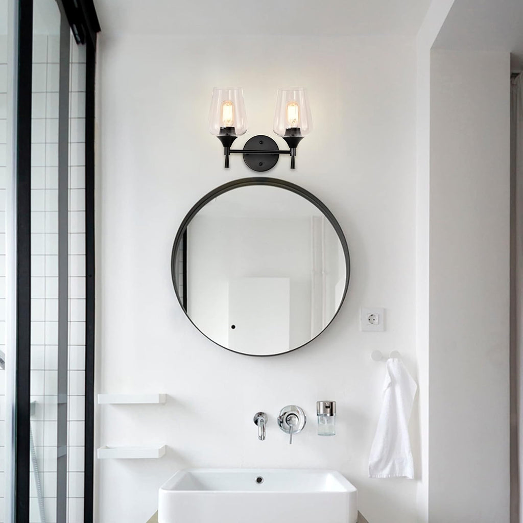 Matte Black 2-Light Modern Vanity Light with Clear Wine Glass Shades Contemporary Metal Dimmable