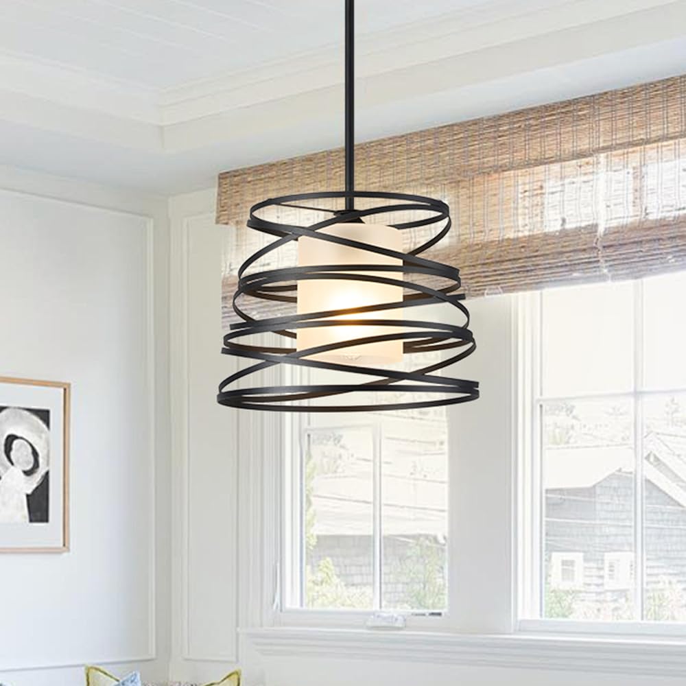 Modern Drum Pendant Light with Black Metal Cage & Cream Fabric Shade, Industrial Farmhouse Hanging Light Fixture for Kitchen Island, Dining Room, Living Room, Hallway