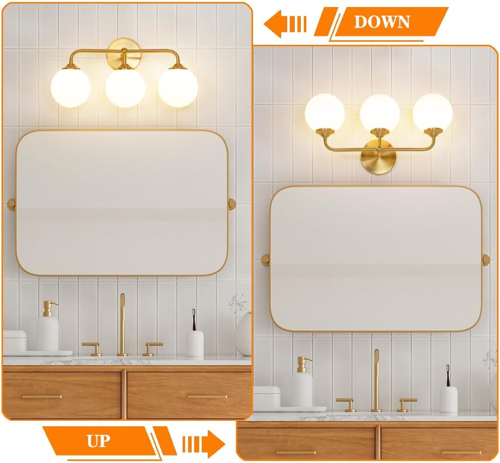 Modern Brushed Gold 3-Lights Vanity Light Fixtures with Milky White Glass Ball Shades, Mid Century Brass Wall Sconce Lighting Fixtures over Mirror, Wall Sconces for Bathroom Dressing Table Bedroom