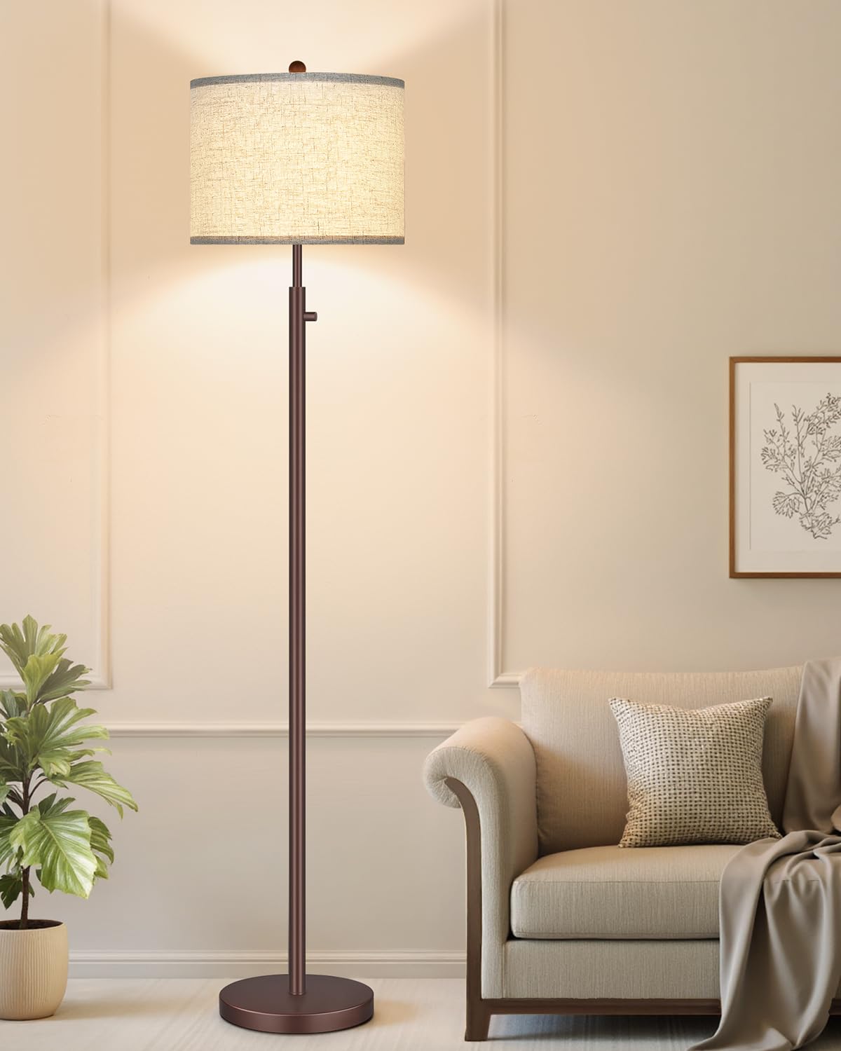 Nintiue 【Upgraded】 Dimmable Floor Lamp for Living Room, 11W LED Bulb Included, Modern Standing Lamp, Tall Pole Light with Linen Shade for Bedroom Reading Office Corner Nursery-Gold