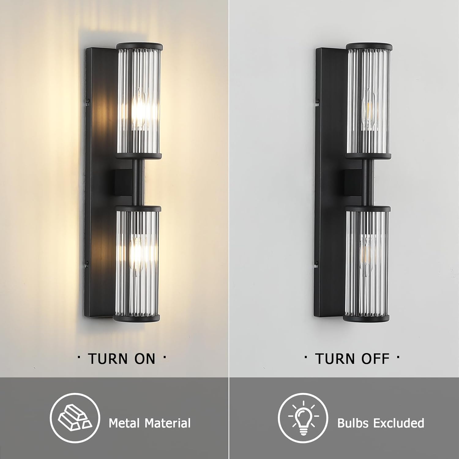 2-Light Modern Vanity Wall Lamp in Matte Black, Industrial Bathroom Lighting with Glass Rod Shades, Adjustable Modern Mirror Lights for Bedroom & Bathroom, Wall Sconce for Makeup Vanity