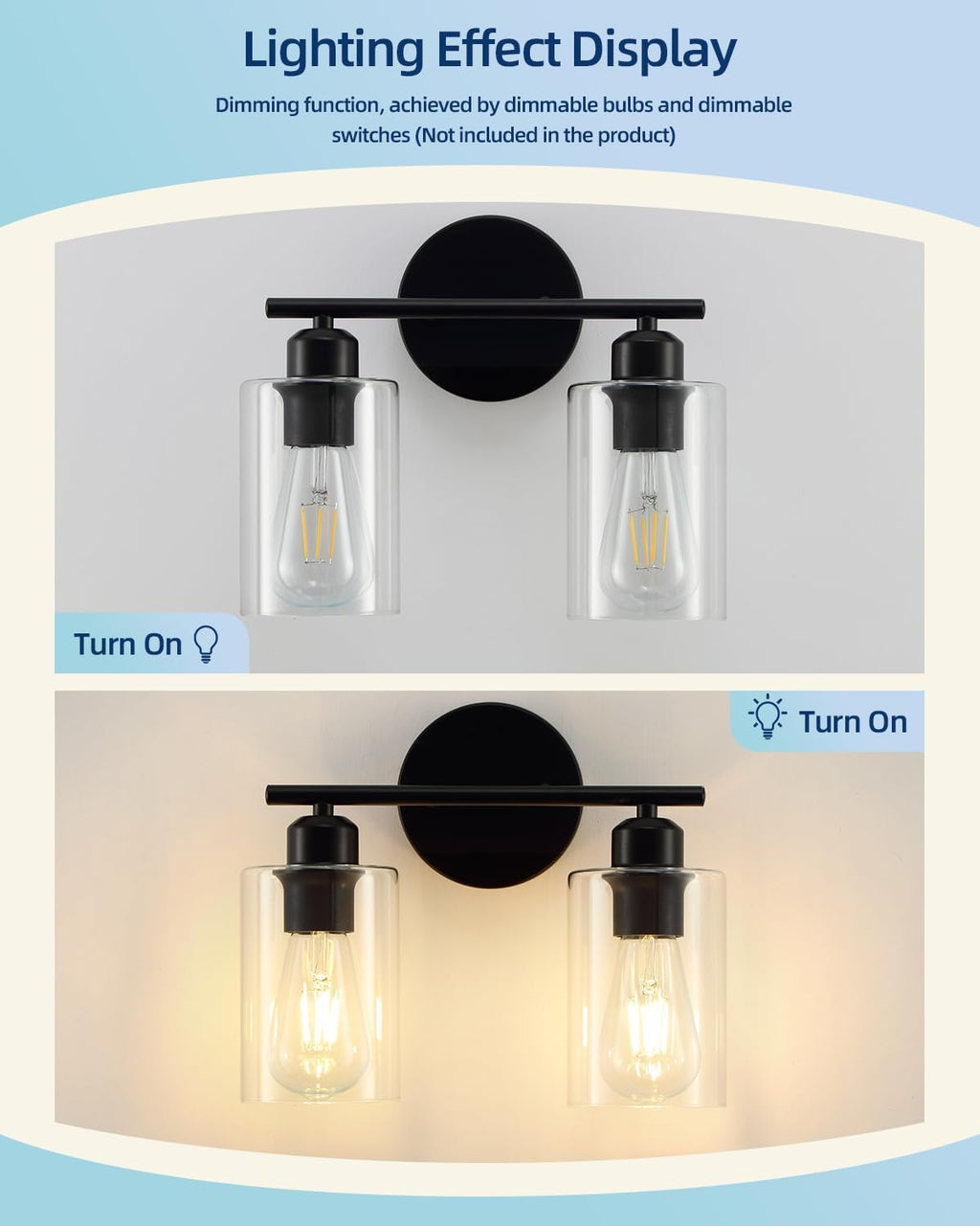 Modern Vanity Lights - Matte Black, Clear Glass Shade, Wall Sconce for Bathroom & Bedroom, 2 Pack