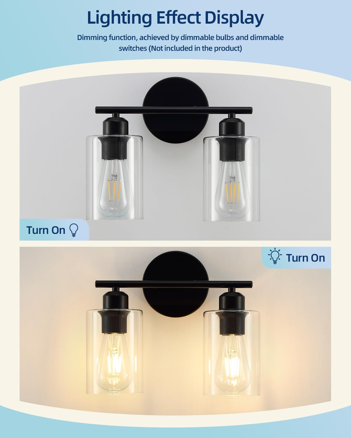 Modern Vanity Lights - Matte Black, Clear Glass Shade, Wall Sconce for Bathroom & Bedroom, 2 Pack