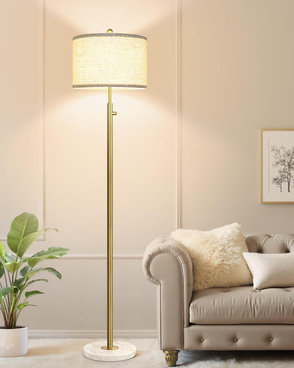 Nintiue 【Upgraded】 Dimmable Floor Lamp for Living Room, 11W LED Bulb Included, Modern Standing Lamp, Tall Pole Light with Linen Shade for Bedroom Reading Office Corner Nursery-Gold