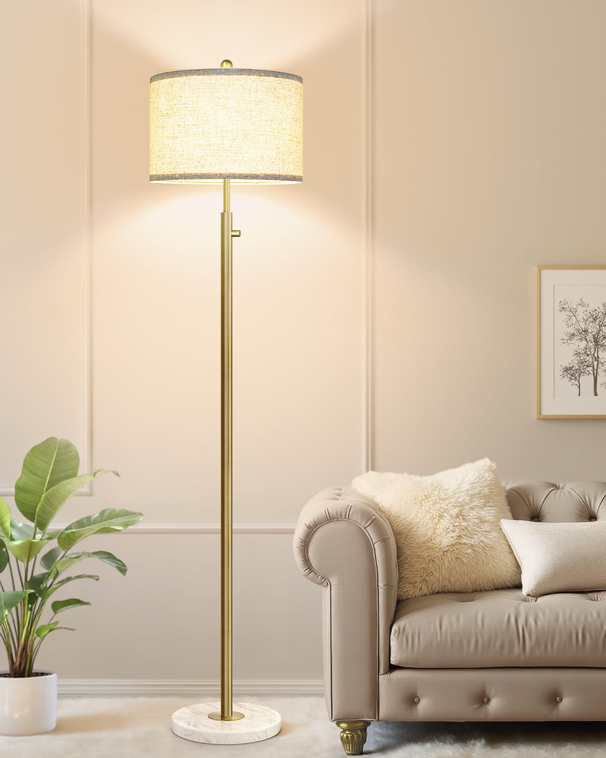 Nintiue 【Upgraded】 Dimmable Floor Lamp for Living Room, 11W LED Bulb Included, Modern Standing Lamp, Tall Pole Light with Linen Shade for Bedroom Reading Office Corner Nursery-Gold