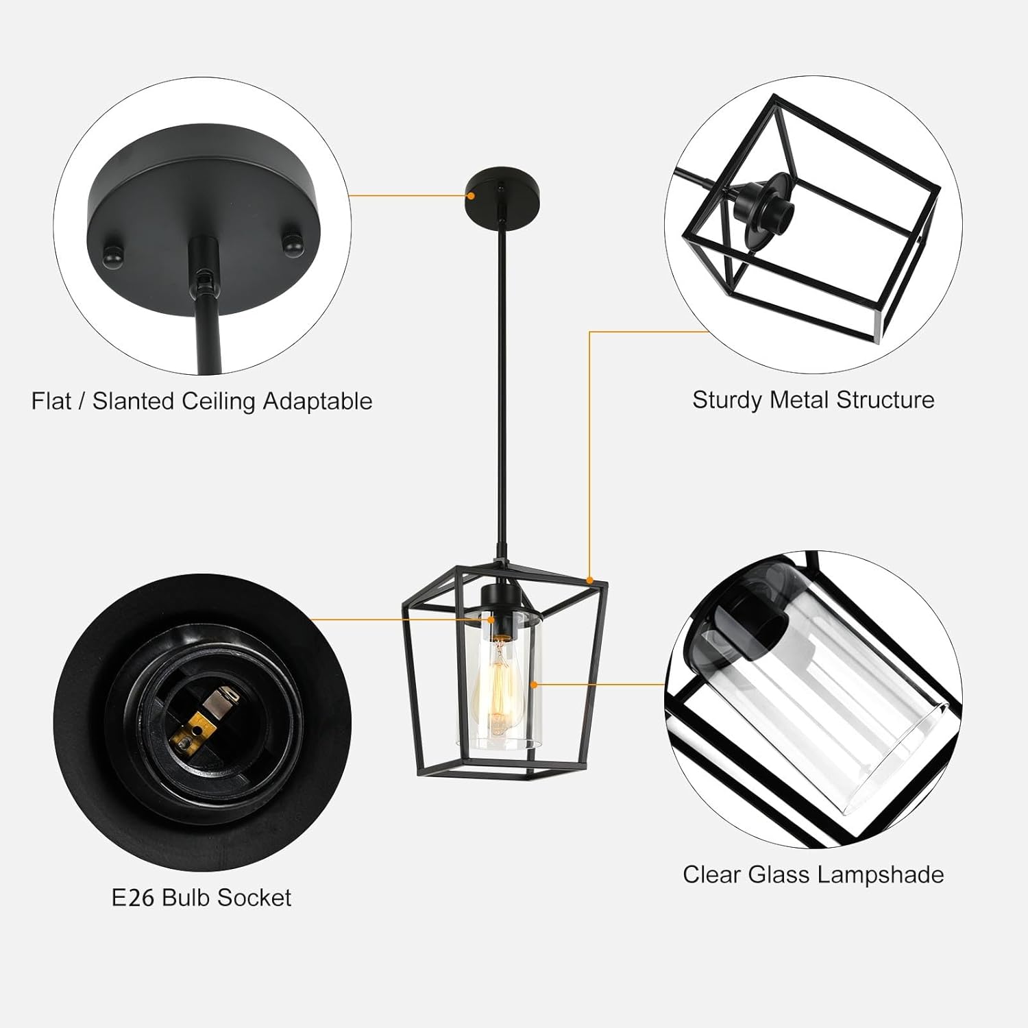 Black Pendant Lights Kitchen Island, 1-Light Farmhouse Kitchen Pendant Lighting Over Island, Metal Cage Island Hanging Lights for Kitchen, Dining Room, Entryway, Hallway, Foyer