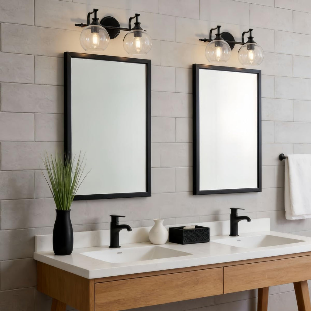 ANDY STAR 2 Light Bathroom Vanity Light, Matte Black Bathroom Light Fixtures, Modern Wall Sconce with Clear Globe Glass Shade, Farmhouse Wall Lamp for Bathroom, Living Room, Hallway, Cabinet, Porch