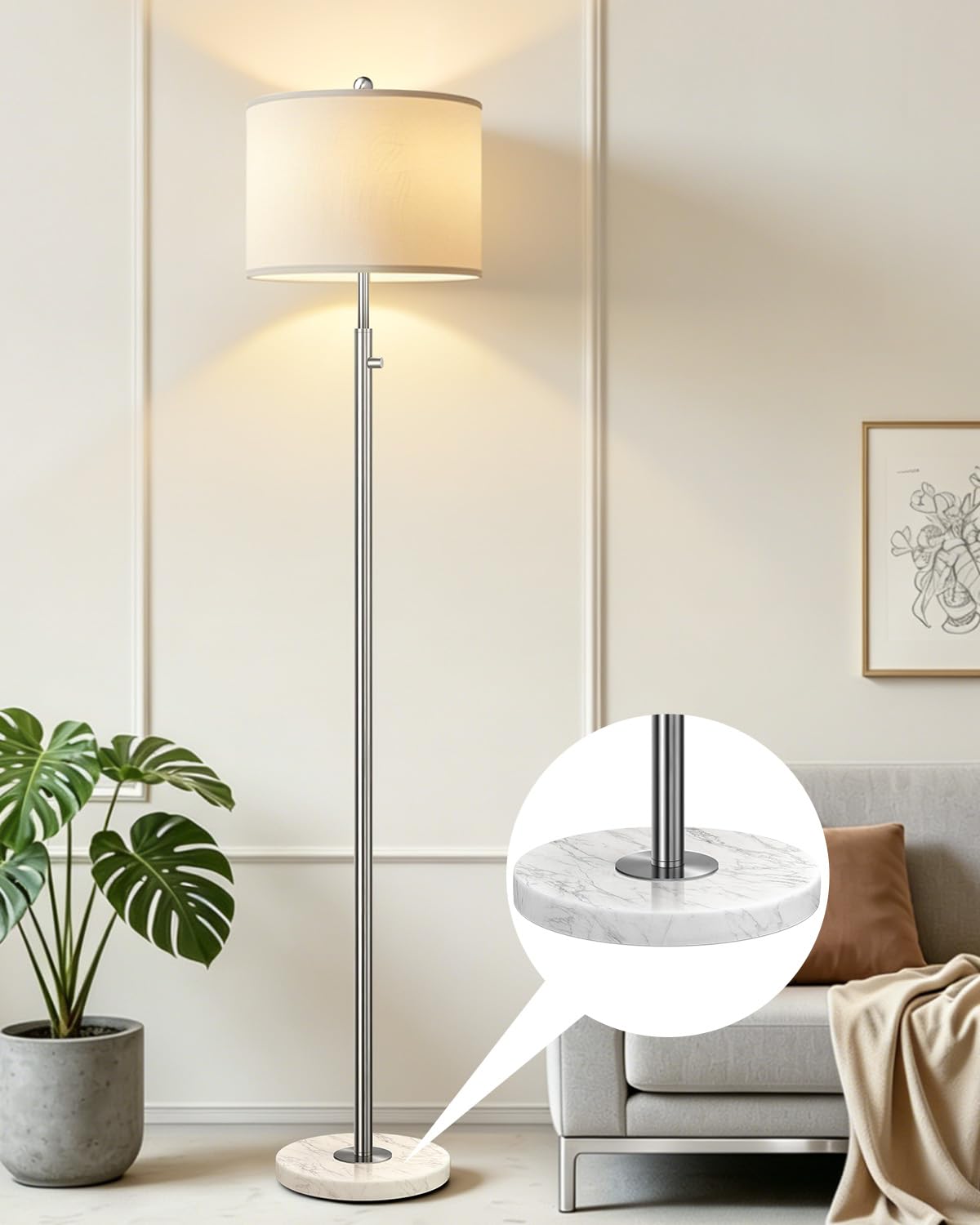 Nintiue 【Upgraded】 Dimmable Floor Lamp for Living Room, 11W LED Bulb Included, Modern Standing Lamp, Tall Pole Light with Linen Shade for Bedroom Reading Office Corner Nursery-Gold