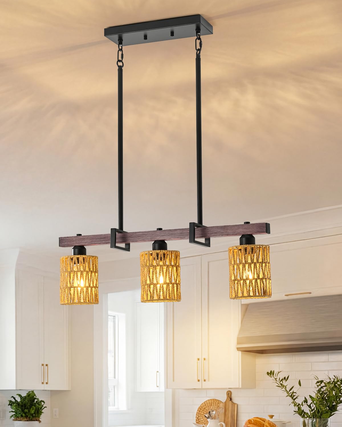 Industrial Pendant Light Fixture, 3-Light Kitchen Island Lighting with Wood Grain Bar and Black Metal Cage, Farmhouse Rustic Hanging Ceiling Lamp for Dining Room, Living Room