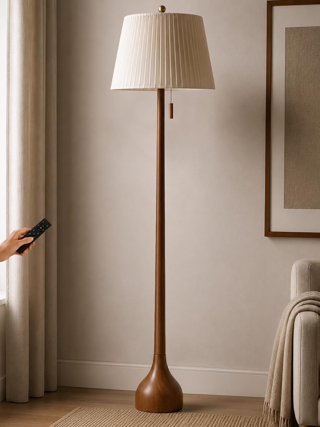 MOFFE 65" Mid Century Real Wood Floor Lamp with Remote, Sculptural Standing Lamp with Teardrop Base & Wooden Pull Chain, Dimmable with Adjustable Color Temperature & Timer (Bulb Included)