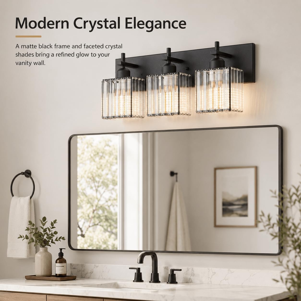 Modern Crystal Bathroom Vanity Lights, 3-Lights Matte Black Bathroom Light Fixtures Over Mirror,Wall Lamp for Living Room Hallway Cabinet
