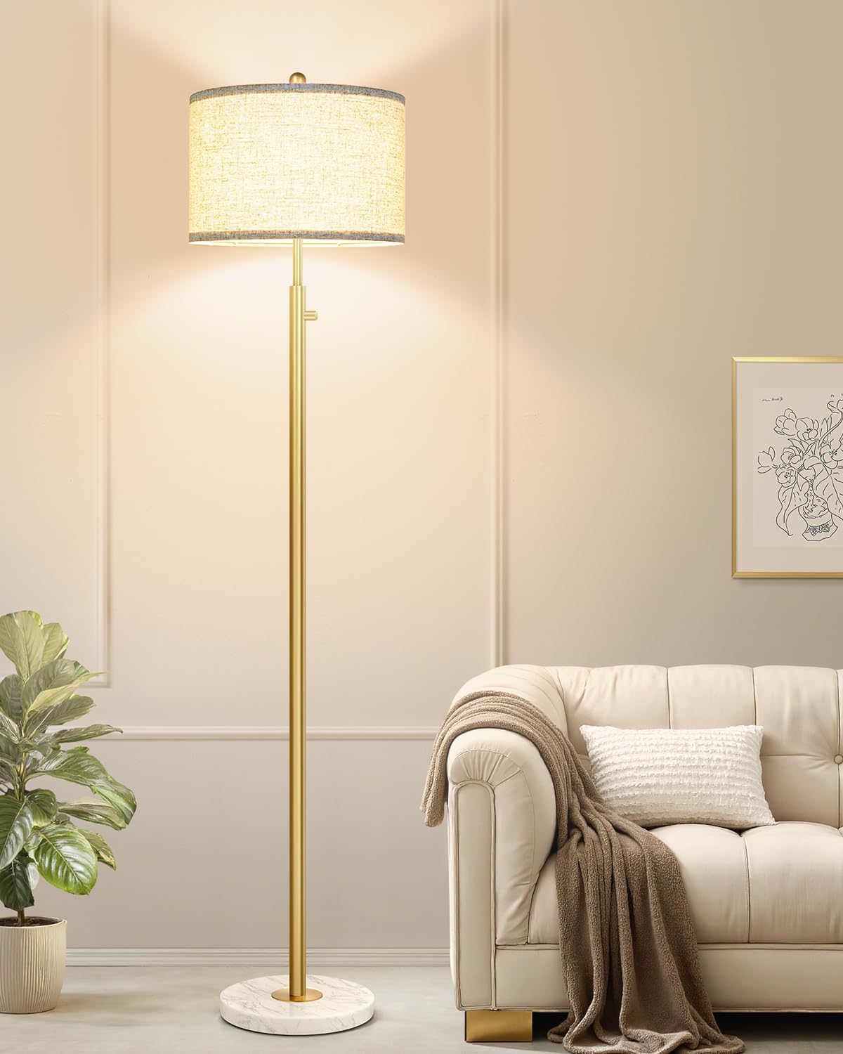 Nintiue 【Upgraded】 Dimmable Floor Lamp for Living Room, 11W LED Bulb Included, Modern Standing Lamp, Tall Pole Light with Linen Shade for Bedroom Reading Office Corner Nursery-Gold