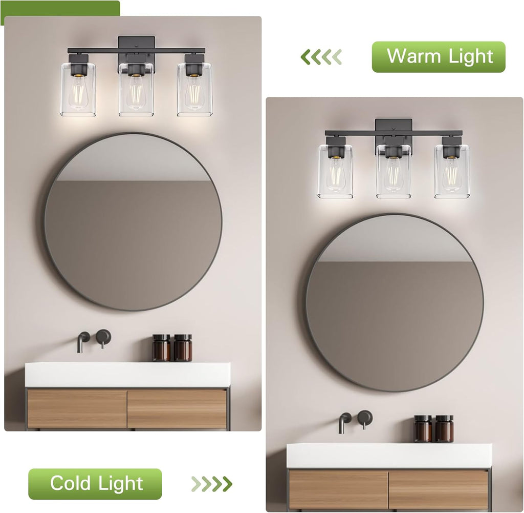 Matte Black Bathroom Vanity Light, 3-Light Vanity Lighting fixtures Over Mirror, Square Design & UL Certification, Wall Sconces with Clear Glass Shades, E26 Socket (Bulbs Not Included)