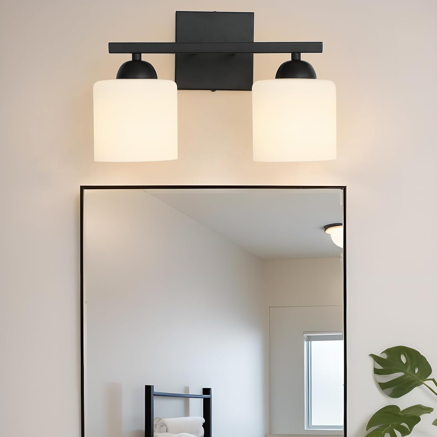 Matte Black 2-Light Bathroom Vanity Light, Glass Shade Wall Sconce