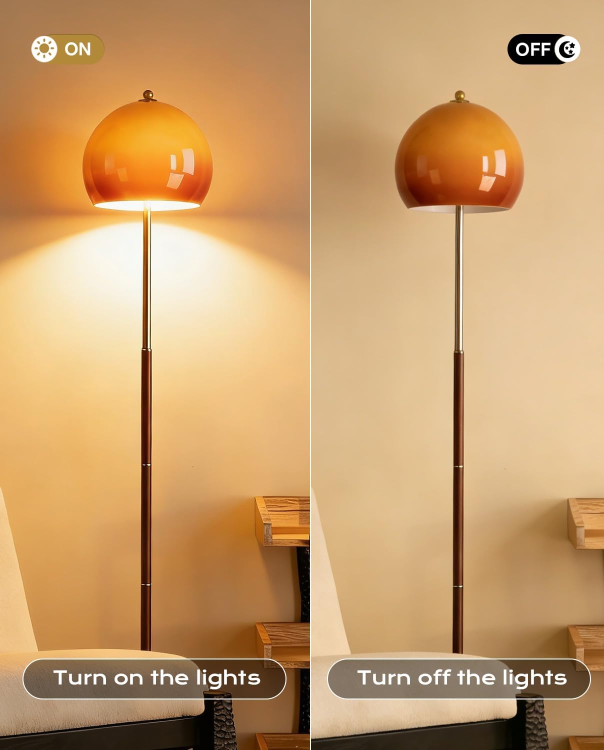 Orange Mushroom Floor Lamp, Vintage Floor Lamp with Gradient Glass Shade & Walnut Color Finish, Mid Century Modern Brushed Gold Standing Lamp for Living Room, Bedroom, Office