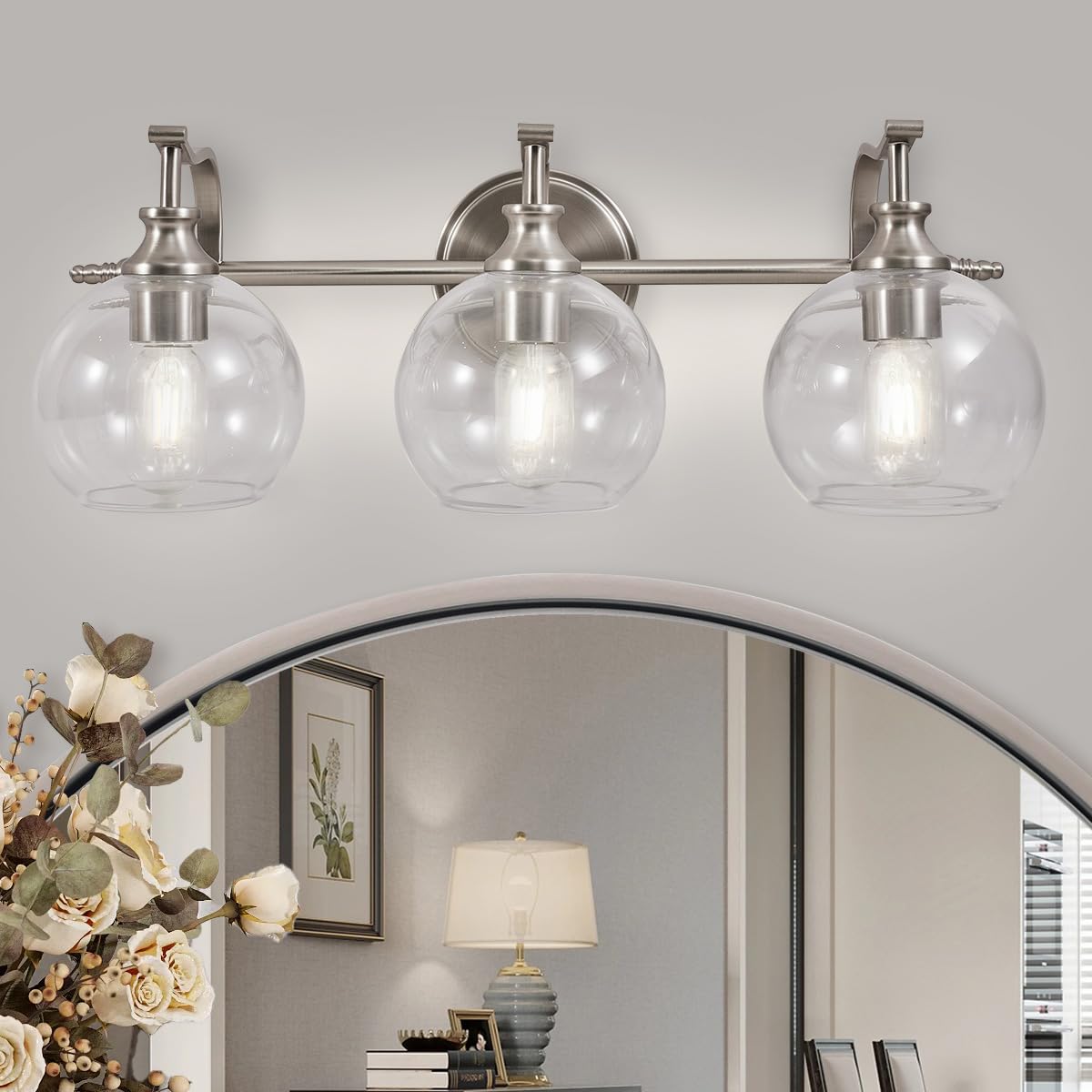 ANDY STAR 2 Light Bathroom Vanity Light, Matte Black Bathroom Light Fixtures, Modern Wall Sconce with Clear Globe Glass Shade, Farmhouse Wall Lamp for Bathroom, Living Room, Hallway, Cabinet, Porch