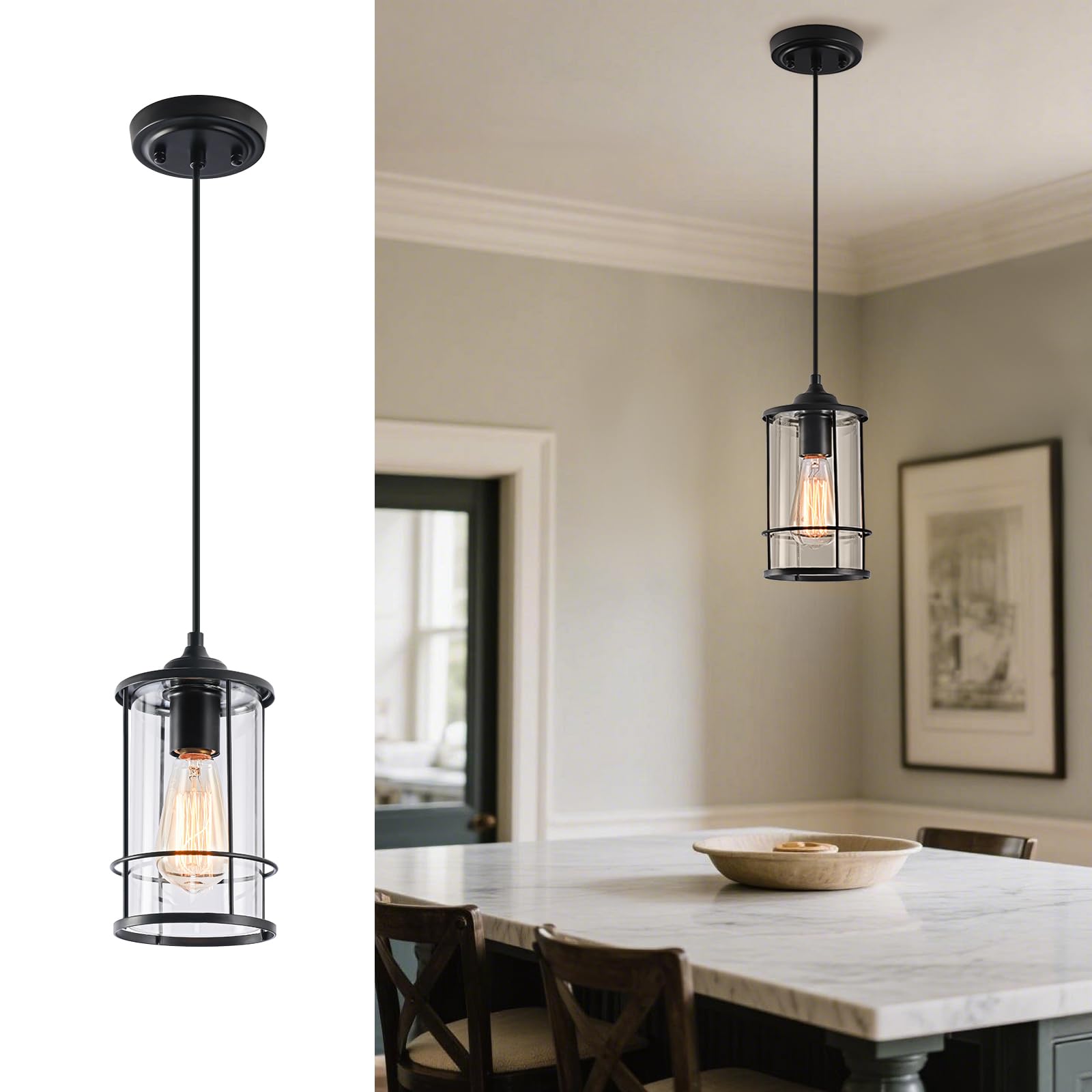 AKEZON Pendant Lights, Black Hanging Light Fixtures Kitchen Island 2 Pack with Clear Glass, Modern Industrial Cage Pendant Lighting for Kitchen Dining Room Entryway Bathroom