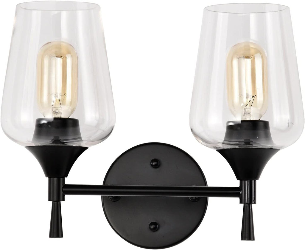 Matte Black 2-Light Modern Vanity Light with Clear Wine Glass Shades Contemporary Metal Dimmable