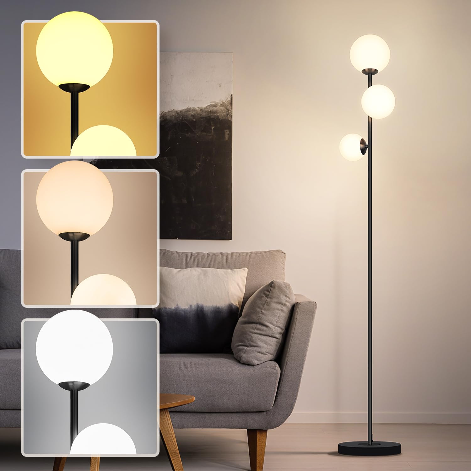 Gold 3-Globe Glass Floor Lamp, Modern LED Standing Lamp for Home