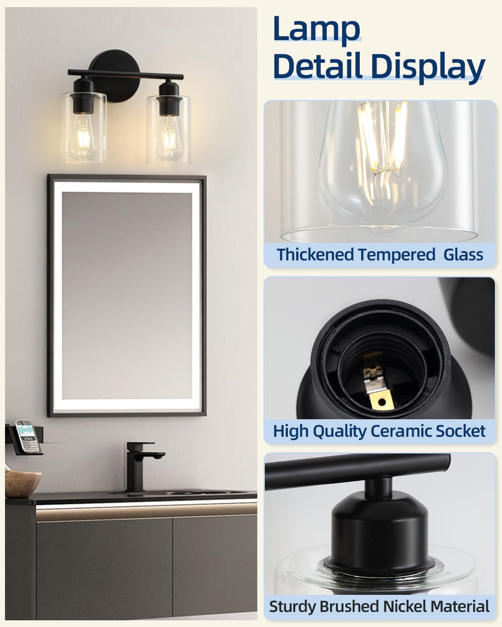 Modern Vanity Lights - Matte Black, Clear Glass Shade, Wall Sconce for Bathroom & Bedroom, 2 Pack