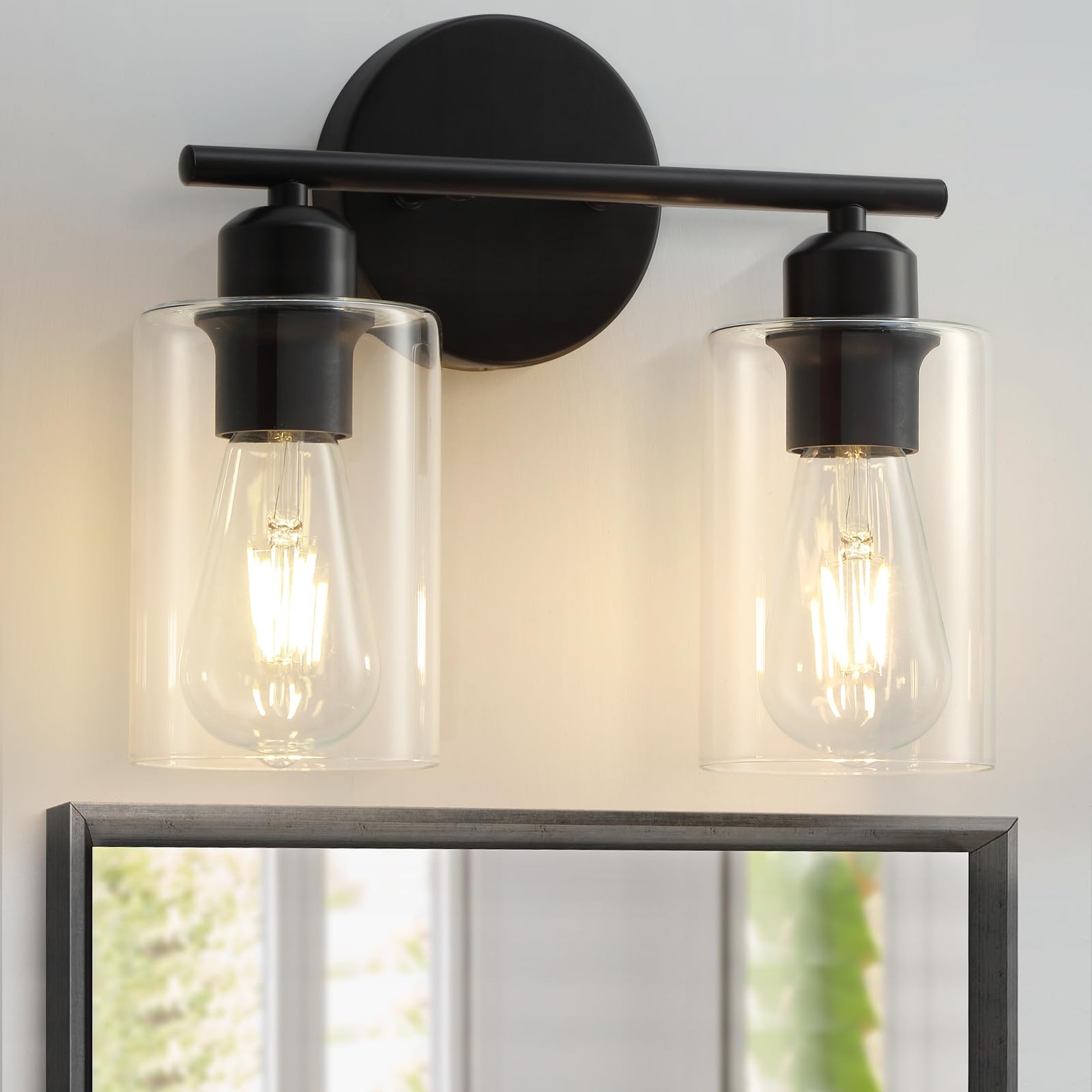 Modern Vanity Lights - Matte Black, Clear Glass Shade, Wall Sconce for Bathroom & Bedroom, 2 Pack