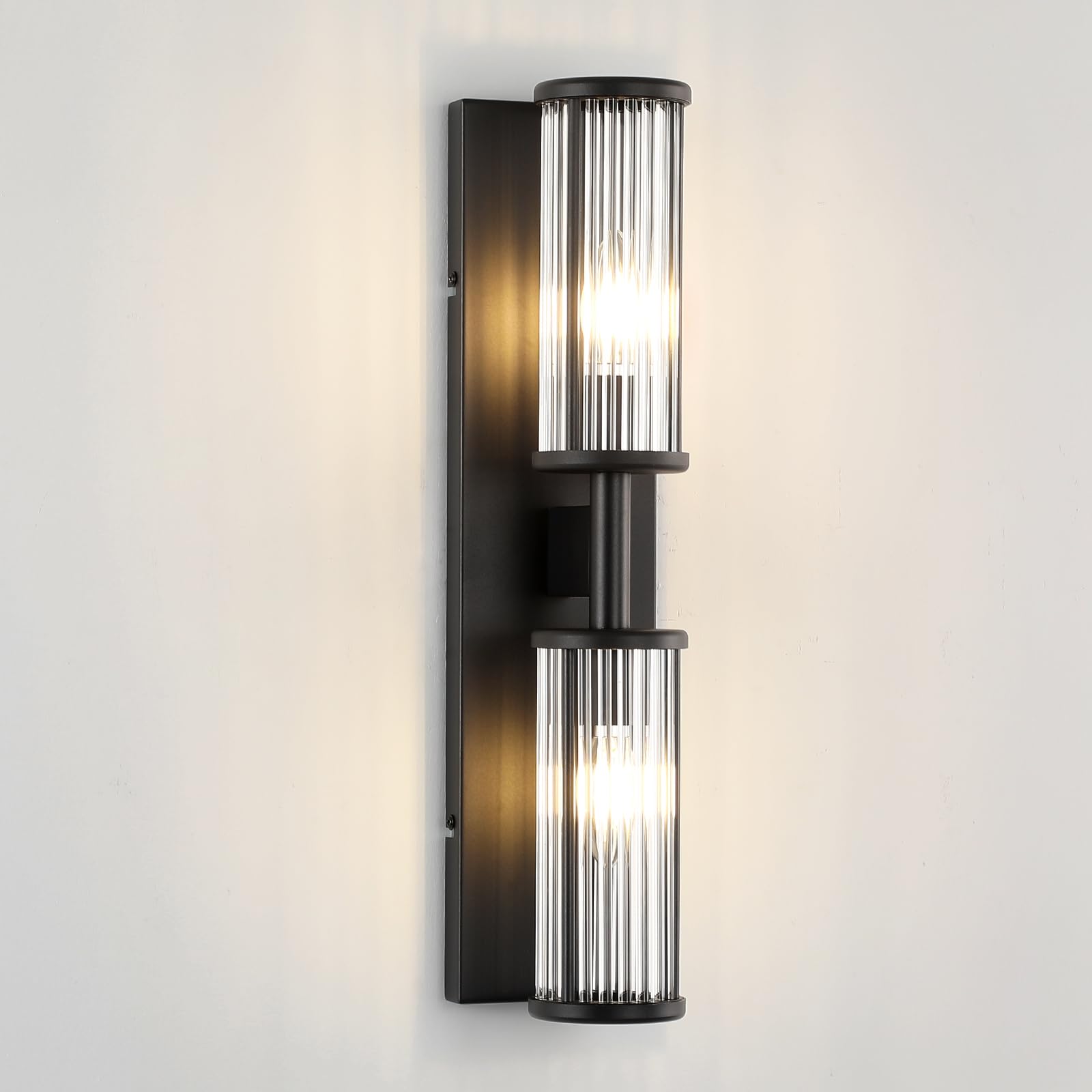 2-Light Modern Vanity Wall Lamp in Matte Black, Industrial Bathroom Lighting with Glass Rod Shades, Adjustable Modern Mirror Lights for Bedroom & Bathroom, Wall Sconce for Makeup Vanity