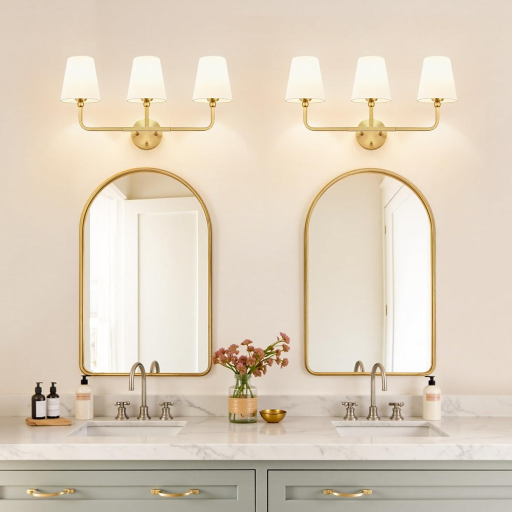 MOKATNG Bathroom Light Fixtures, 3-Light Brushed Gold Vanity Lights, Bathroom Lighting Fixtures Over Mirror with Flared White Fabric Shade, Modern Wall Sconces for Living Room Hallway
