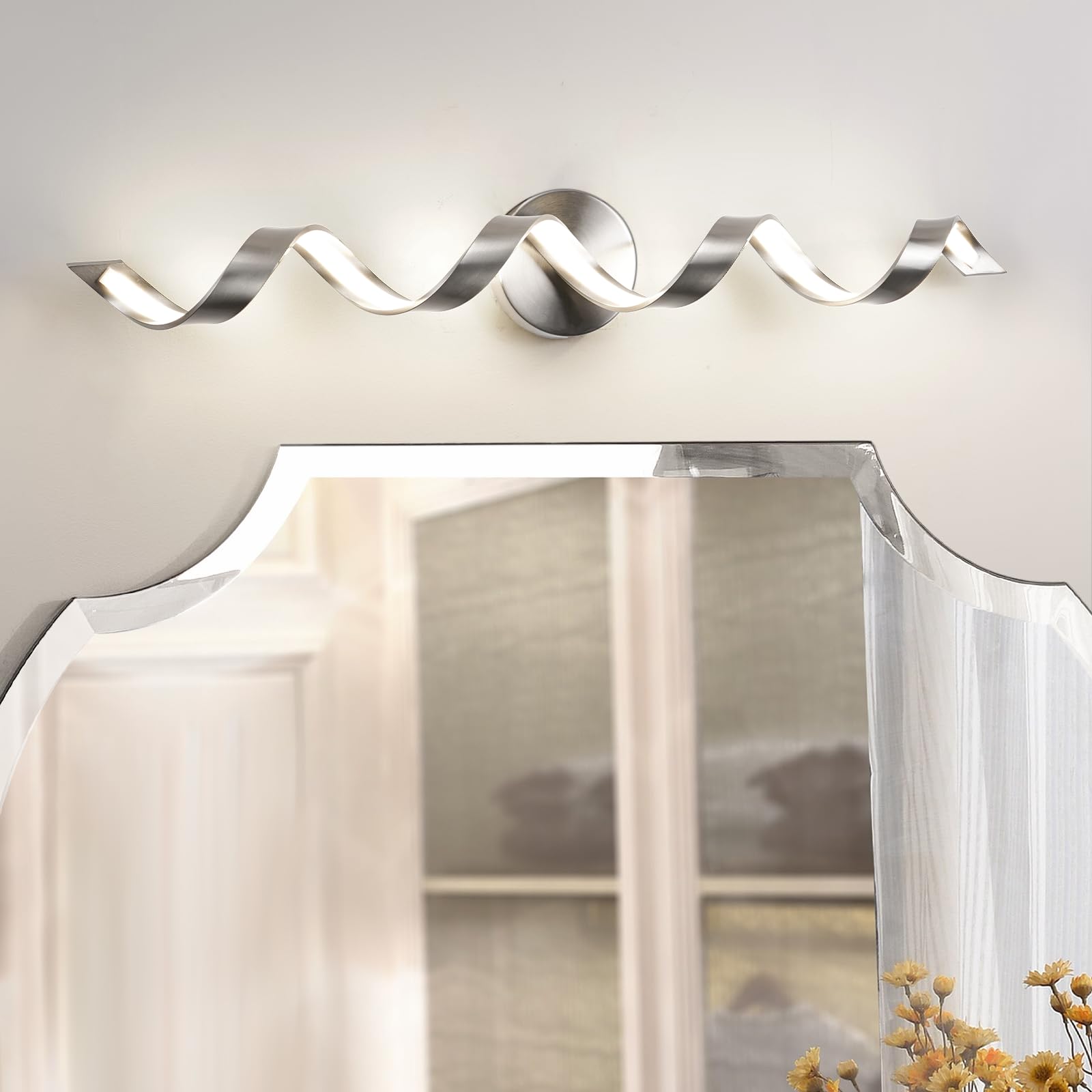 LED Modern Bathroom Vanity Light Fixtures, 24 inch Matte Black Wall Lamp Bedroom 4000K, Spiral Design Wall Sconce for Mirror, Living Room, Bedroom, Hallway 15W