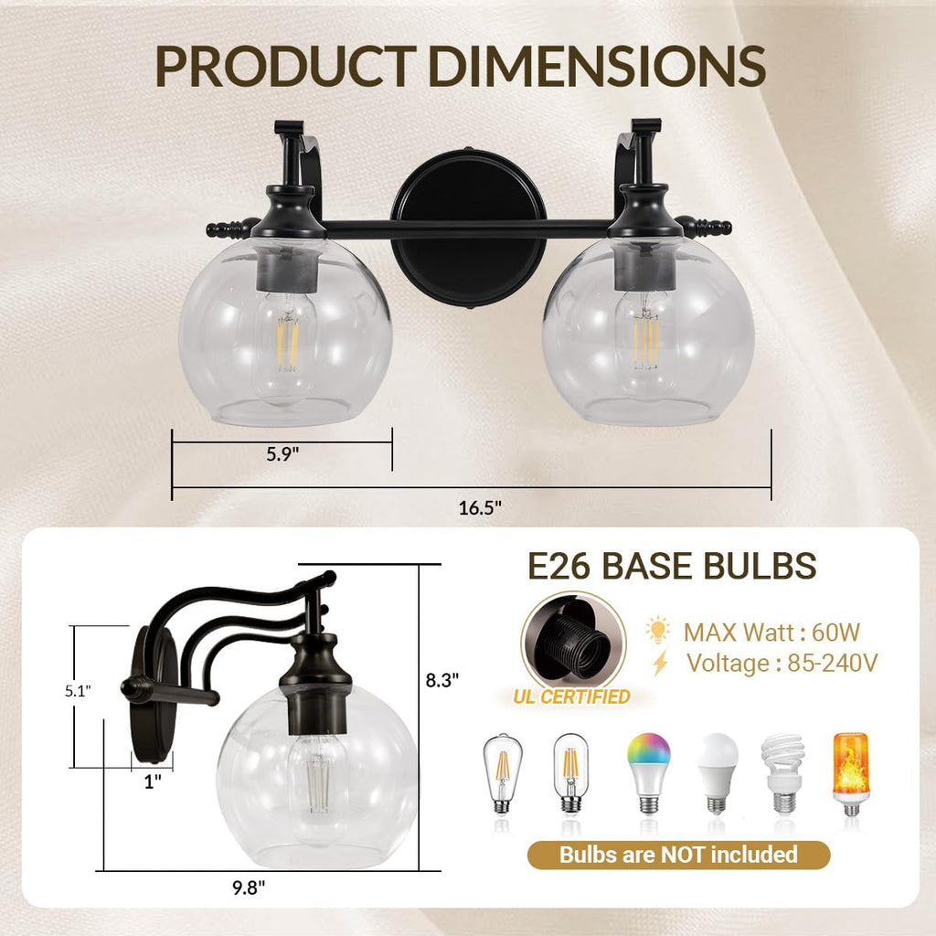ANDY STAR 2 Light Bathroom Vanity Light, Matte Black Bathroom Light Fixtures, Modern Wall Sconce with Clear Globe Glass Shade, Farmhouse Wall Lamp for Bathroom, Living Room, Hallway, Cabinet, Porch