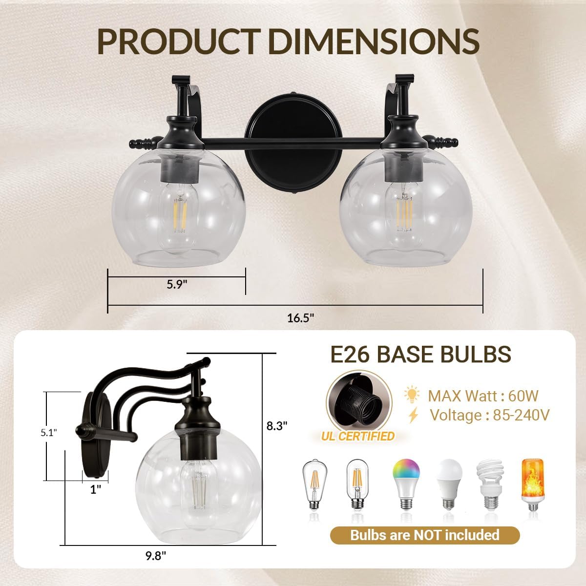 ANDY STAR 2 Light Bathroom Vanity Light, Matte Black Bathroom Light Fixtures, Modern Wall Sconce with Clear Globe Glass Shade, Farmhouse Wall Lamp for Bathroom, Living Room, Hallway, Cabinet, Porch