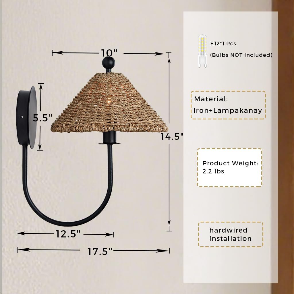 14.5" Boho Rattan Sconce, Natural Woven Rustic Wall Light