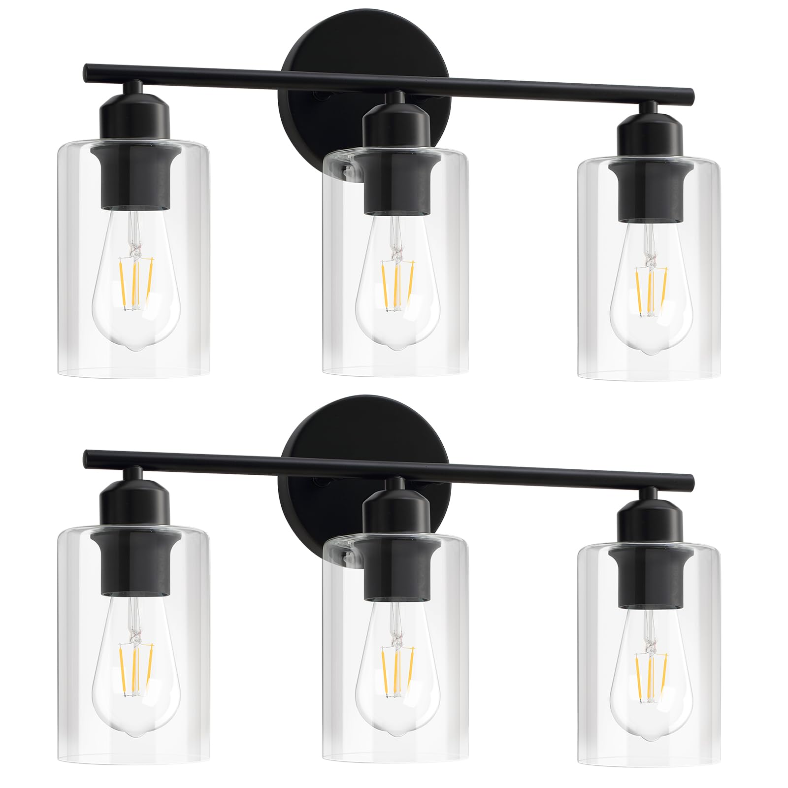 Modern Vanity Lights - Matte Black, Clear Glass Shade, Wall Sconce for Bathroom & Bedroom, 2 Pack